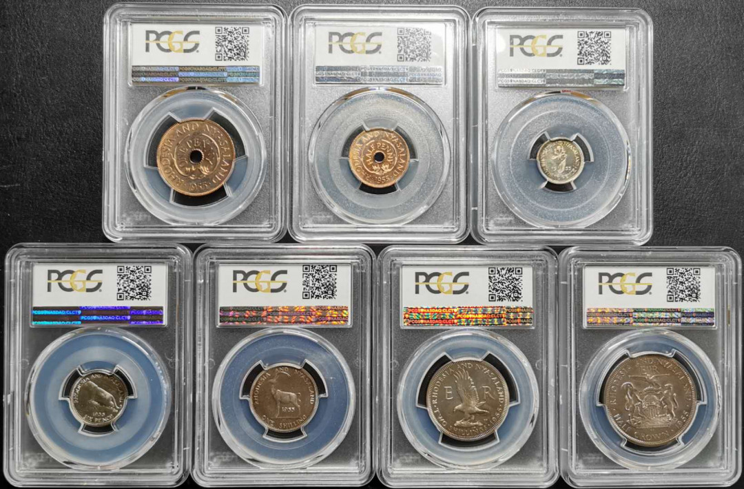 凡希社世界钱币微拍第一百二十一期 荐！1955罗得西亚与尼亚萨兰精铸7枚套PCGS-PF65/66发行2500套！