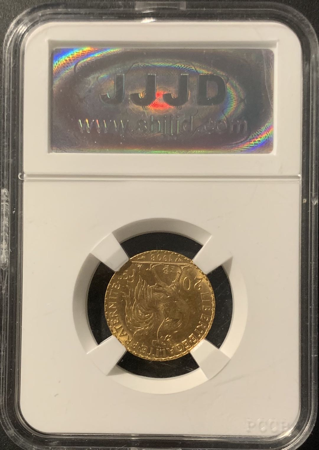 紫瑗钱币—微拍第68期  法国 1908年 公鸡 20法郎 6.45克 0.9金 杰嘉评级 MS62