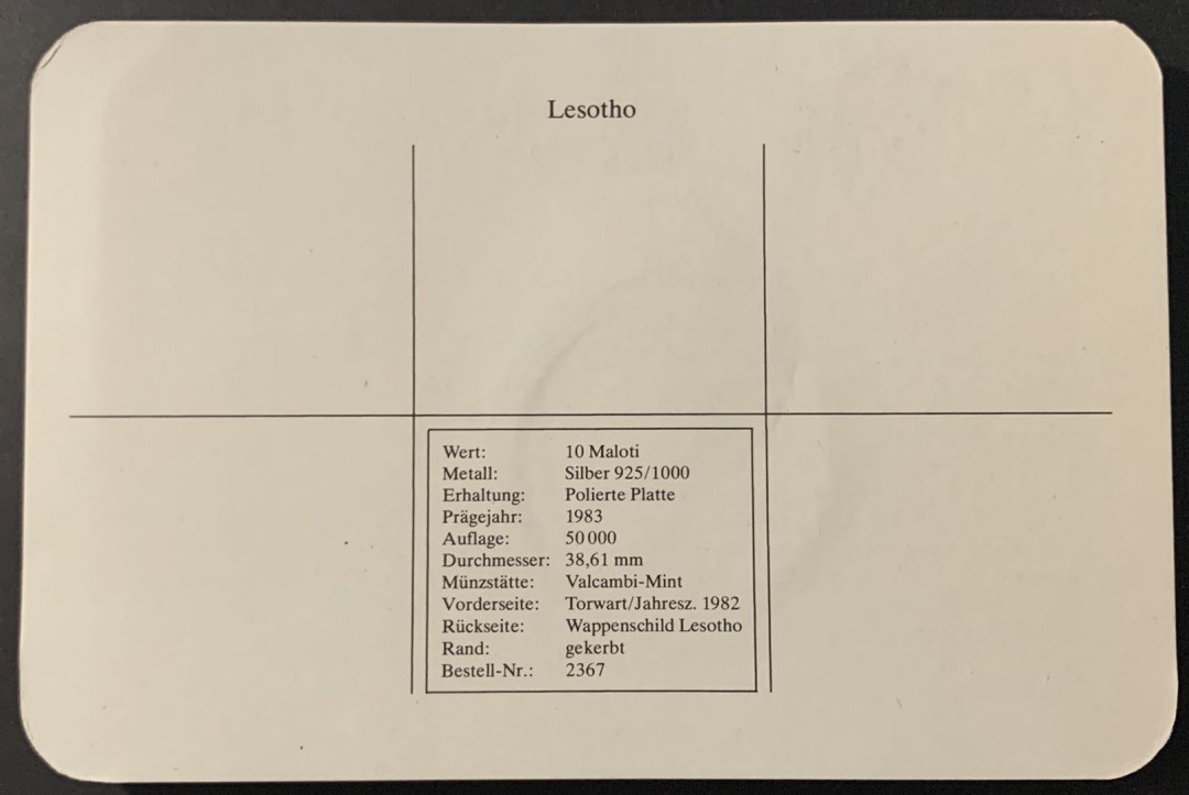 紫瑗钱币—微拍第68期  莱索托 1982年 西班牙世界杯 守门 10马洛蒂  23.33克 0.925银 精制 德国原装卡