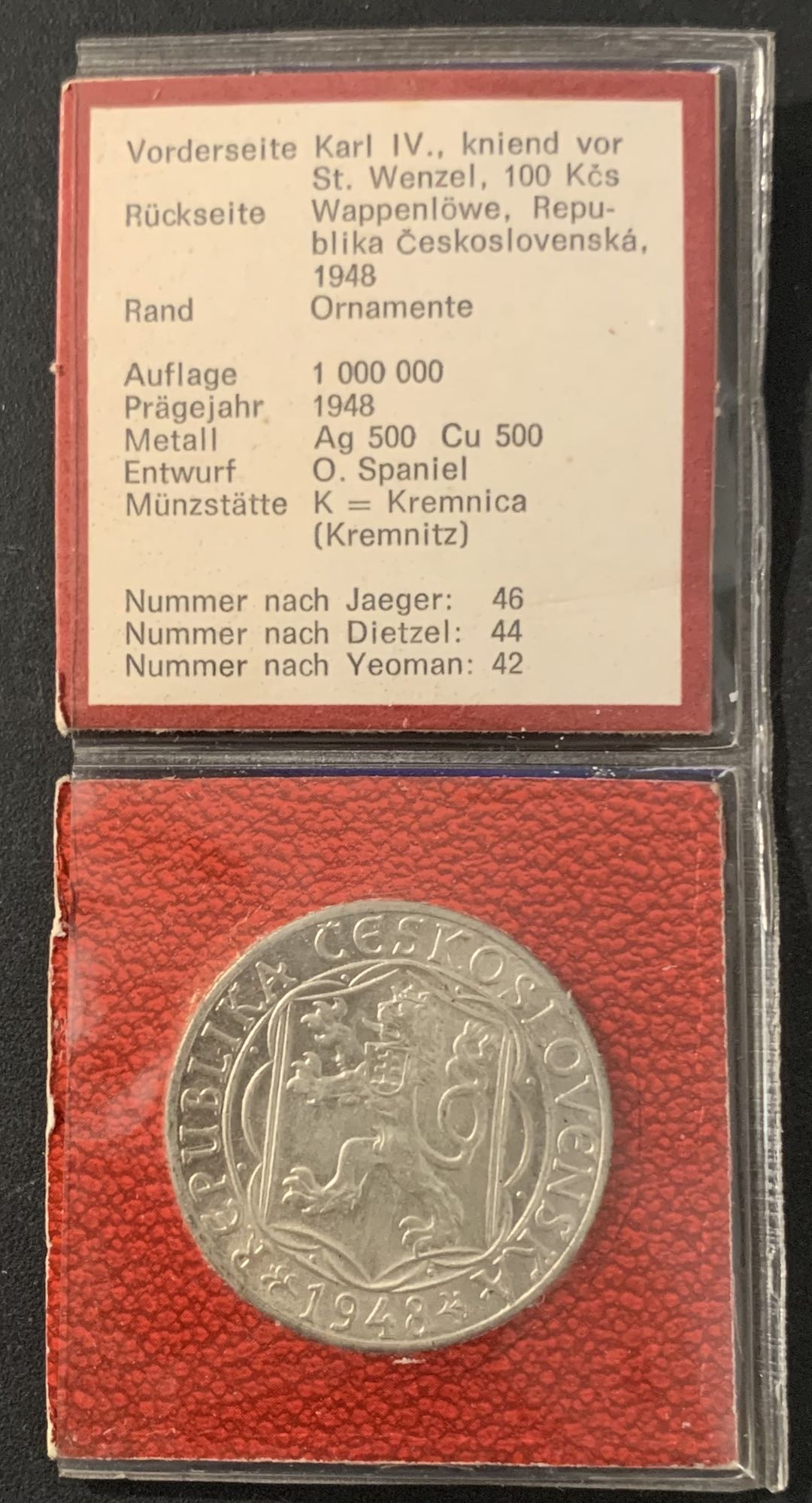 紫瑗钱币—微拍第68期  捷克斯洛伐克 1948年 查理大学600周年 100克朗 14克 0.5银 原包装