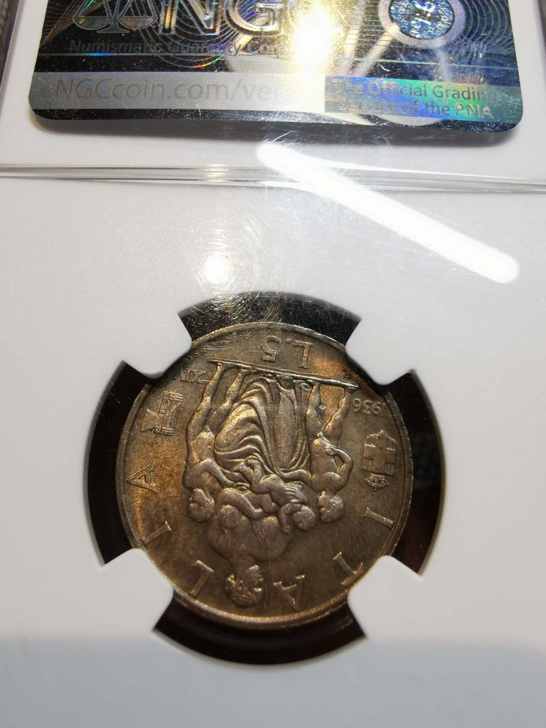 凡希社世界钱币微拍第一百二十一期 1936意大利法西斯版母与子5里拉NGC-MS64粉彩包浆！