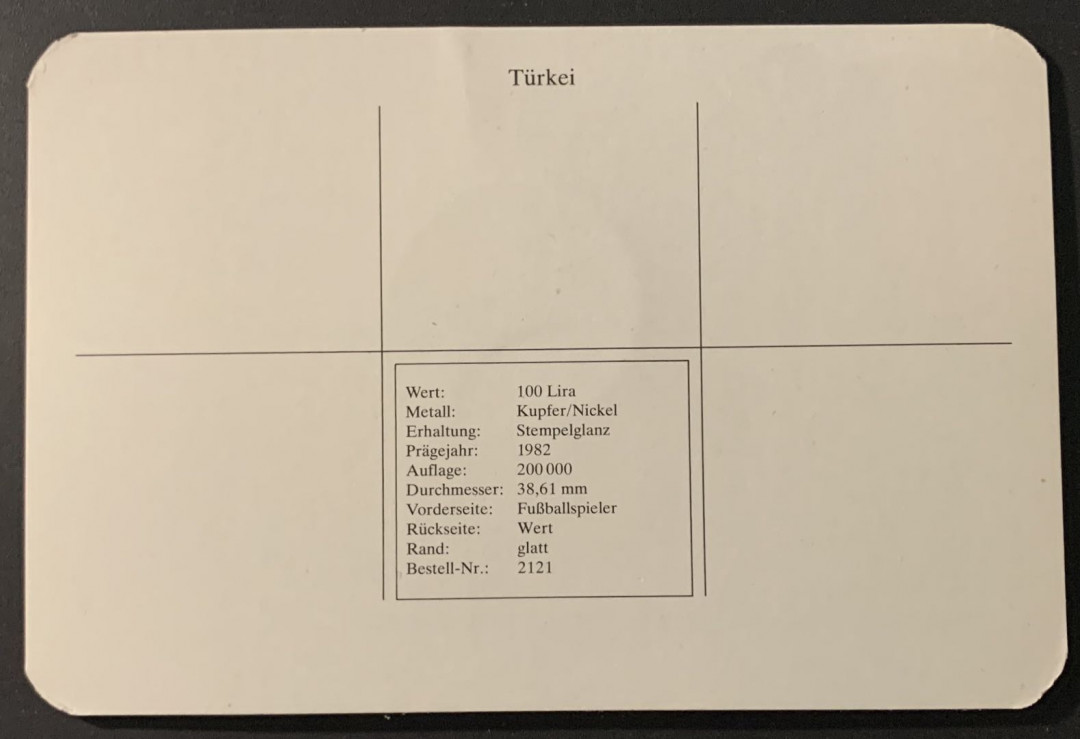 紫瑗钱币—微拍第68期  土耳其 1982年 西班牙世界杯 带球 100里拉 镍币 德国原装卡