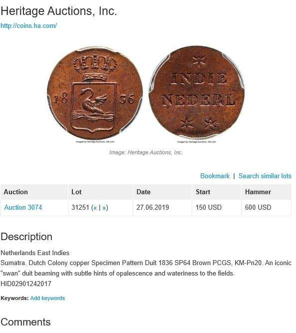 凡希社世界钱币微拍第一百二十一期 稀！1836荷属东印度苏门答腊天鹅DUIT PCGS-MS64