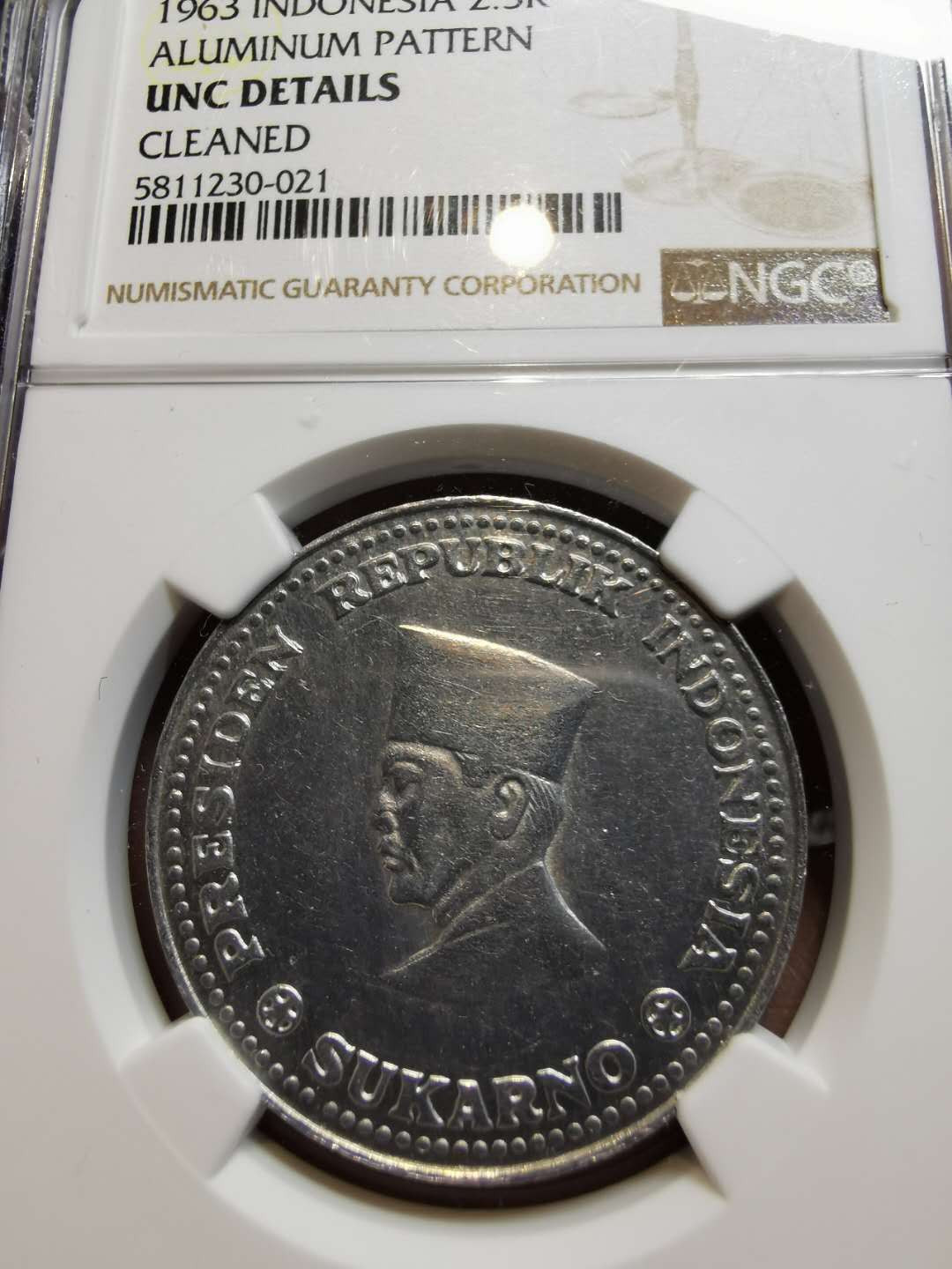 凡希社世界钱币微拍第一百二十一期 荐！1963印度尼西亚2.5卢比铝样币NGC-UNCD