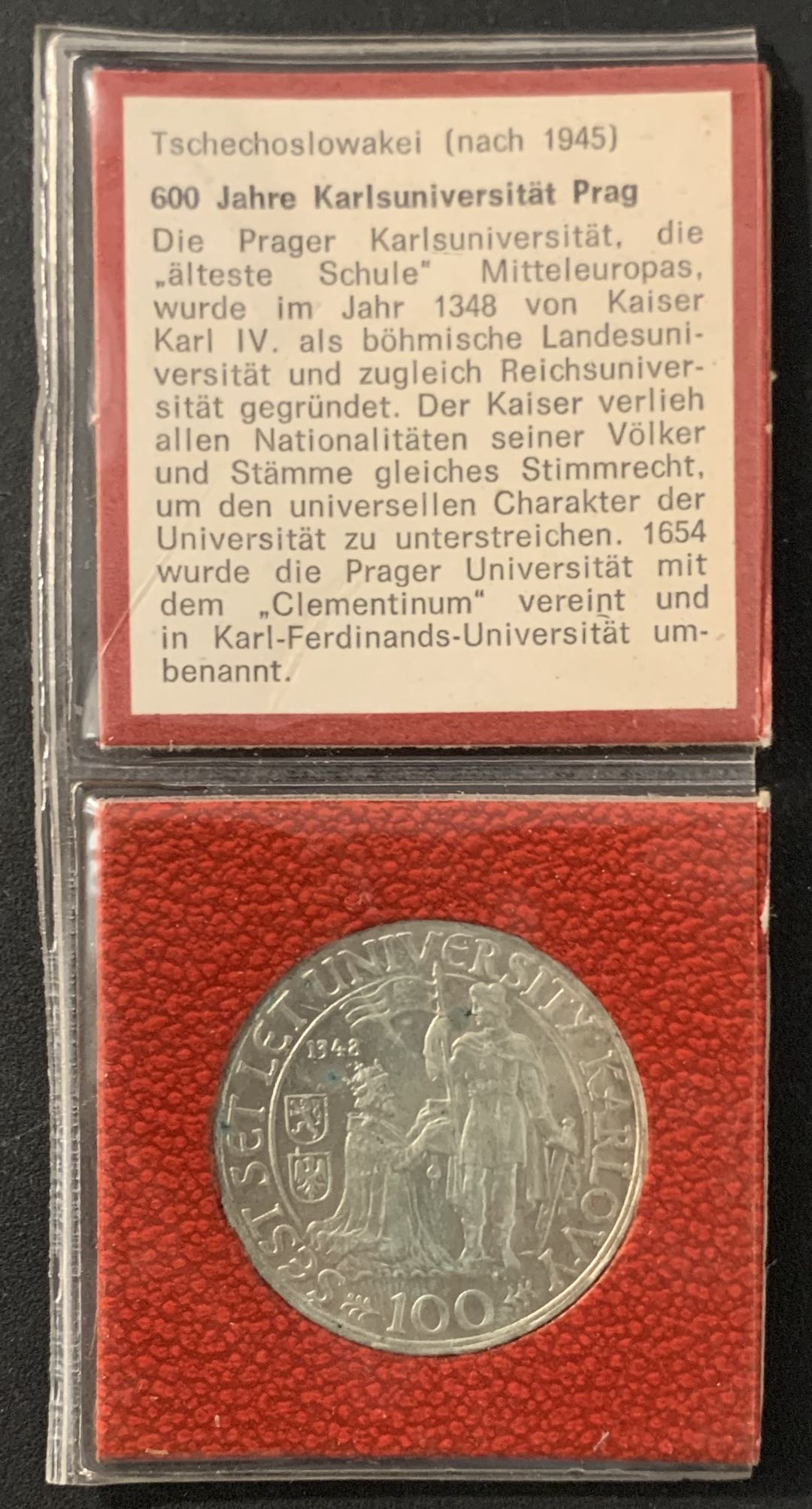 紫瑗钱币—微拍第68期  捷克斯洛伐克 1948年 查理大学600周年 100克朗 14克 0.5银 原包装