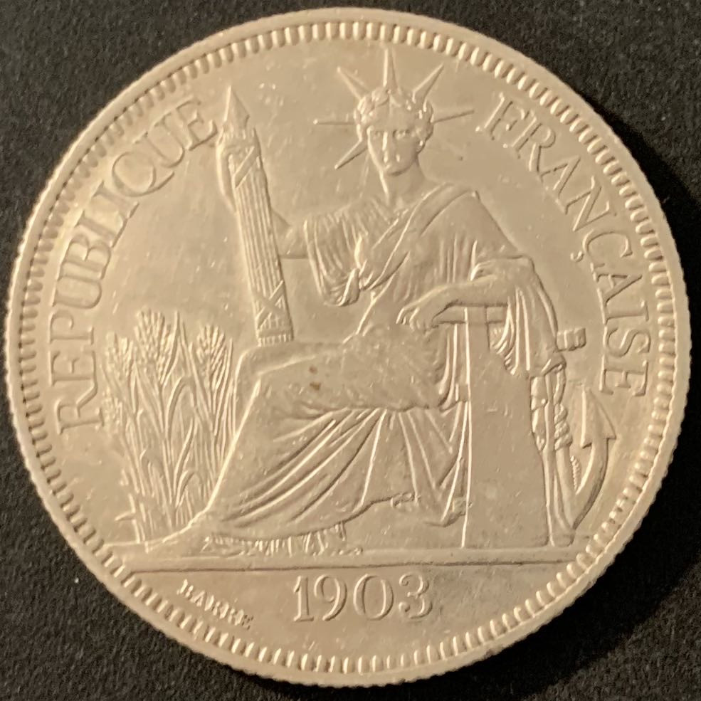 紫瑗钱币—微拍第68期  法属印度支那 1903年 1皮阿斯特 坐洋 27克 0.9银 AU品质