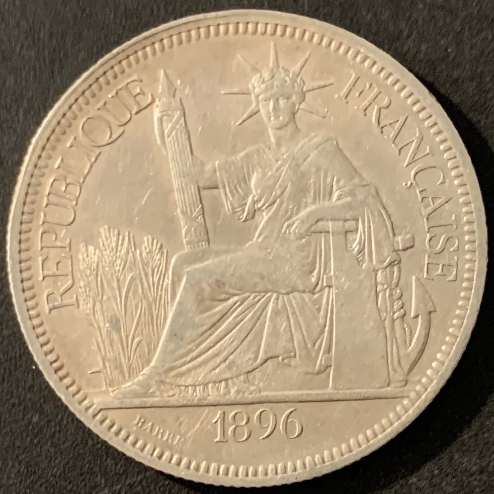 紫瑗钱币—微拍第68期  法属印度支那 1896年 1皮阿斯特 坐洋 27克 0.9银 AU品质