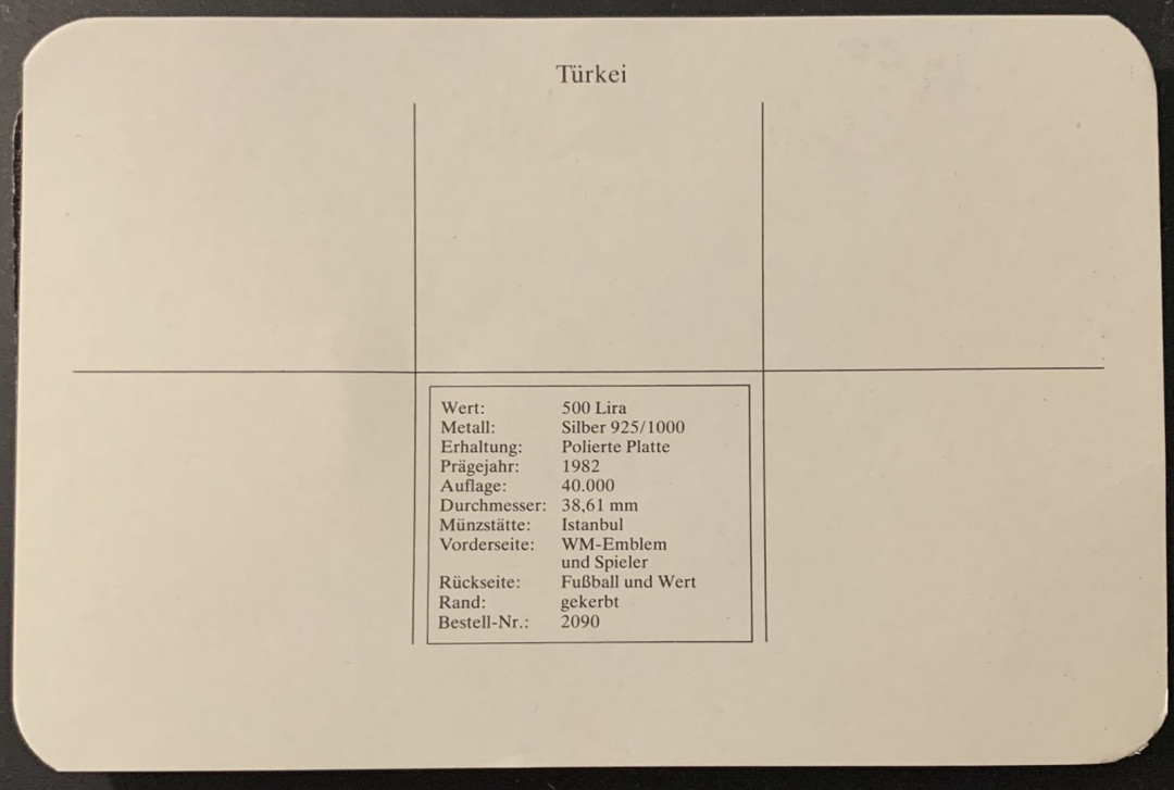 紫瑗钱币—微拍第68期  土耳其 1982年 西班牙世界杯 带球 500里拉 23.33克 0.925银 精制 德国原装卡