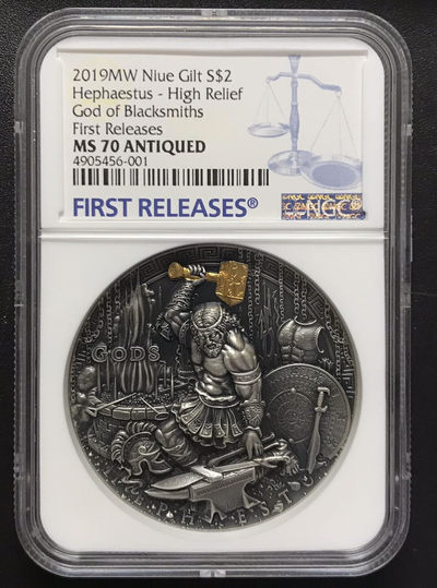 【随心拍&GetCoins】现代钱币拍卖第五十三期 纽埃2019年众神3火神赫准斯托斯超高浮雕镀金银币NGC70首期蓝标