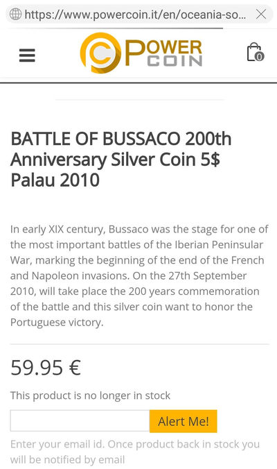 【随心拍&GetCoins】现代钱币拍卖第五十三期 帕劳2010年布萨科战役200周年彩色纪念银币 925银25克，发行量1000枚。