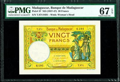 【收藏联盟】第141期拍卖——奥斯陆大学的英杰（共50拍） 马达加斯加 1937-47年 20法郎 PMG67EPQ 高分 早期经典