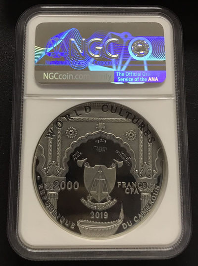 【随心拍&GetCoins】现代钱币拍卖第五十三期 喀麦隆2019年世界文化2象鼻神2盎司高浮雕镶嵌银币NGC69首期蓝标