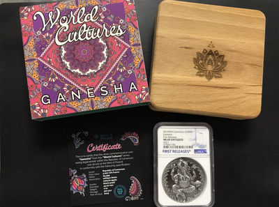 【随心拍&GetCoins】现代钱币拍卖第五十三期 喀麦隆2019年世界文化2象鼻神2盎司高浮雕镶嵌银币NGC69首期蓝标