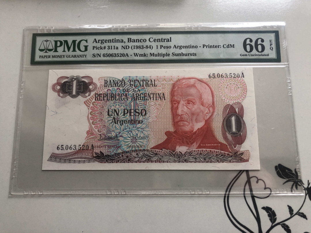 【收藏联盟】第141期拍卖——奥斯陆大学的英杰（共50拍） 阿根廷 1983-84年 1比索 PMG66EPQ