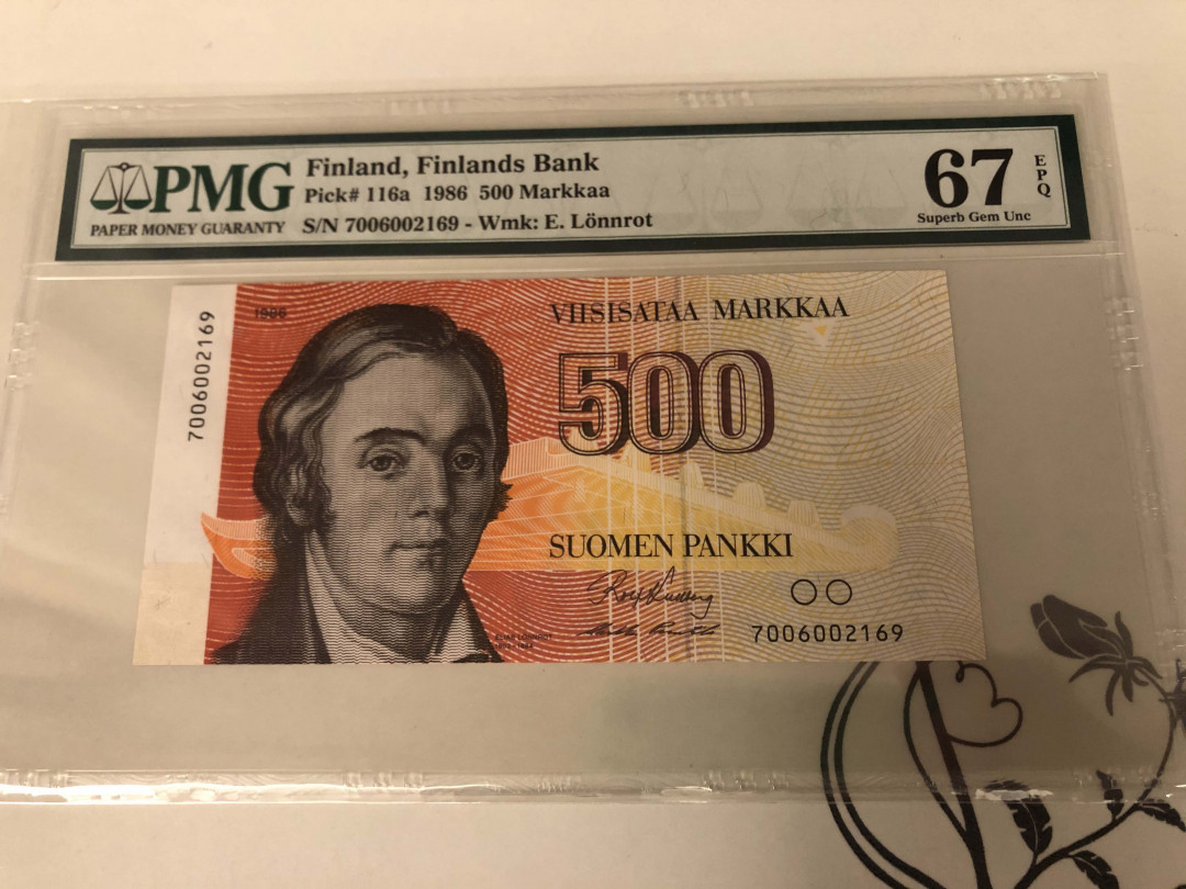 【收藏联盟】第141期拍卖——奥斯陆大学的英杰（共50拍） 芬兰 1986年 500马克初版无lit A PMG67EPQ p116a 