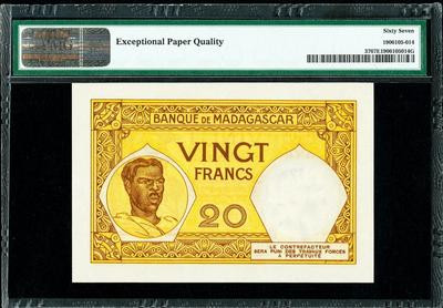 【收藏联盟】第141期拍卖——奥斯陆大学的英杰（共50拍） 马达加斯加 1937-47年 20法郎 PMG67EPQ 高分 早期经典