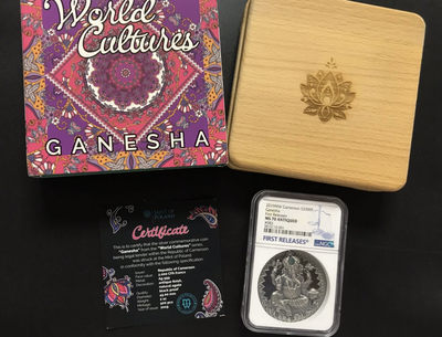 【随心拍&GetCoins】现代钱币拍卖第五十三期 喀麦隆2019年世界文化2象鼻神2盎司高浮雕镶嵌银币NGC70首期蓝标