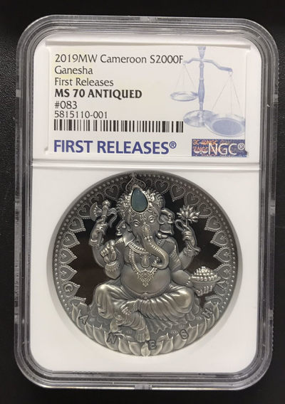 【随心拍&GetCoins】现代钱币拍卖第五十三期 喀麦隆2019年世界文化2象鼻神2盎司高浮雕镶嵌银币NGC70首期蓝标