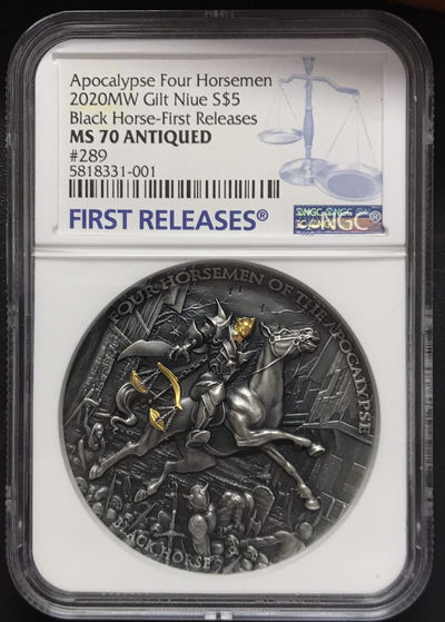 【随心拍&GetCoins】现代钱币拍卖第五十三期 纽埃2020年天启四骑士系列黑马骑士高浮雕镀金银币NGC70首期蓝标