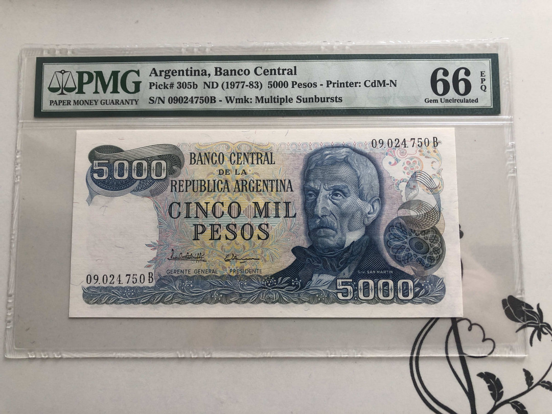 【收藏联盟】第141期拍卖——奥斯陆大学的英杰（共50拍） 阿根廷 1977-83年 5000比索 PMG66EPQ