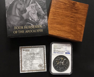 【随心拍&GetCoins】现代钱币拍卖第五十三期 纽埃2020年天启四骑士系列黑马骑士高浮雕镀金银币NGC70首期蓝标