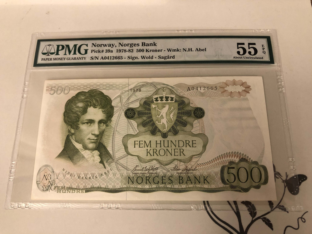 【收藏联盟】第141期拍卖——奥斯陆大学的英杰（共50拍） 【A0初版】挪威 1978-82年 500克朗 PMG55EPQ 原票 p39a