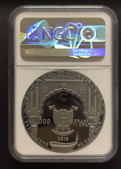 【随心拍&GetCoins】现代钱币拍卖第五十三期 喀麦隆2019年世界文化2象鼻神2盎司高浮雕镶嵌银币NGC70首期蓝标