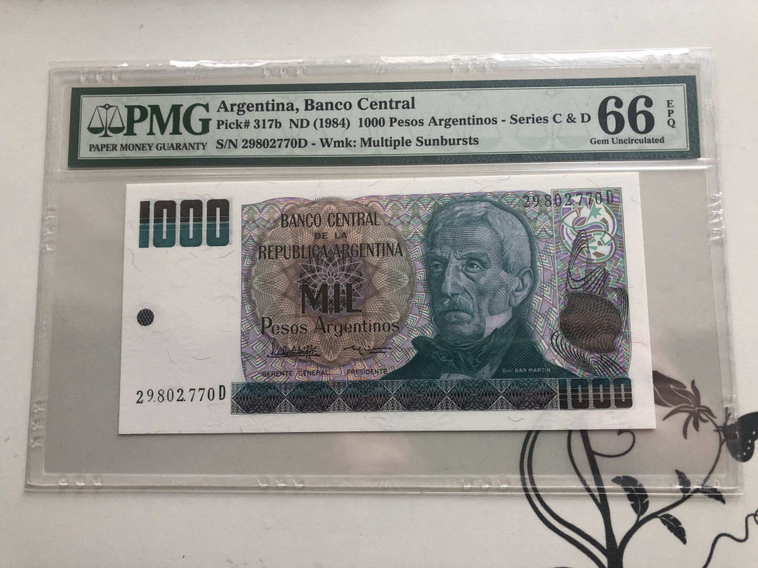 【收藏联盟】第141期拍卖——奥斯陆大学的英杰（共50拍） 阿根廷 1984年 1000比索 PMG66EPQ