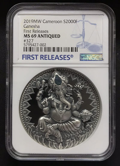 【随心拍&GetCoins】现代钱币拍卖第五十三期 喀麦隆2019年世界文化2象鼻神2盎司高浮雕镶嵌银币NGC69首期蓝标