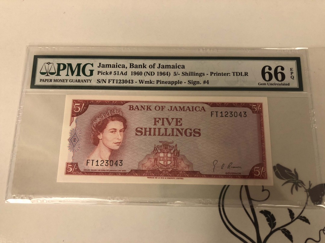 【收藏联盟】第141期拍卖——奥斯陆大学的英杰（共50拍） 牙买加 1960年5先令 p51Ad PMG66EPQ 女王纸币