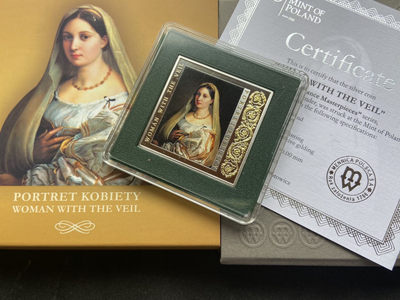 【随心拍&GetCoins】现代钱币拍卖第五十三期 纽埃2014年1新西兰元，文艺复兴大师艺术系列 拉斐尔 超级名画“面纱美女《弗娜丽娜》”异形(方形)双面镶(镀)24K金 数字亮光彩色精制银币