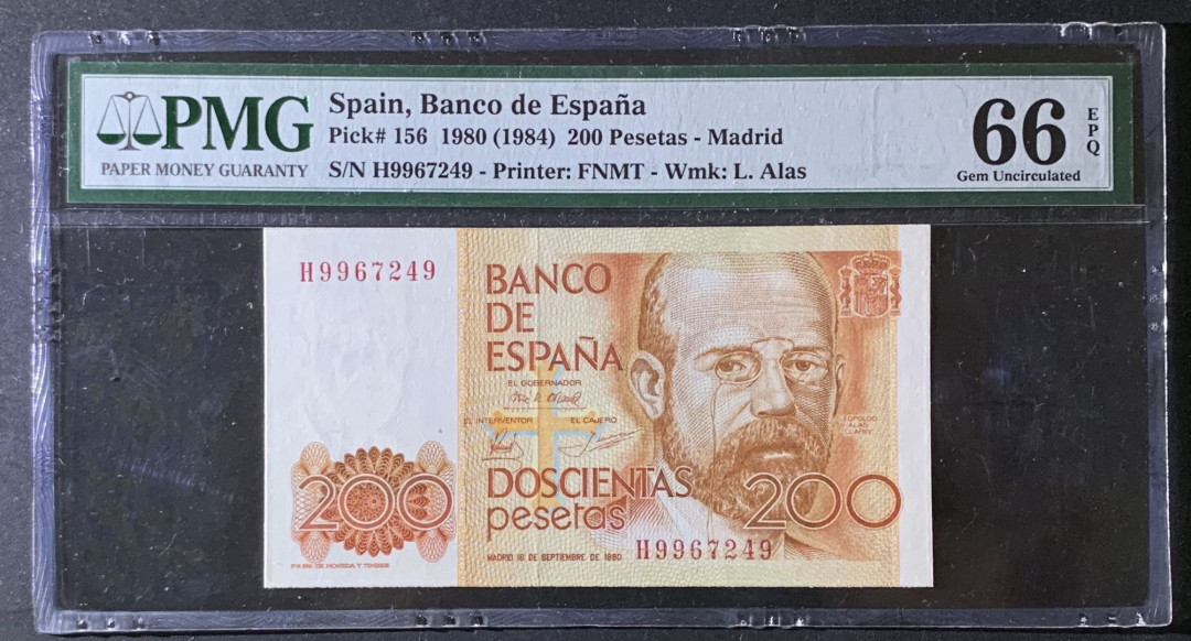 紫瑗钱币—微拍第69期 —纸币场 西班牙 1980（1984）年  200比塞塔 PMG 66 EPQ 