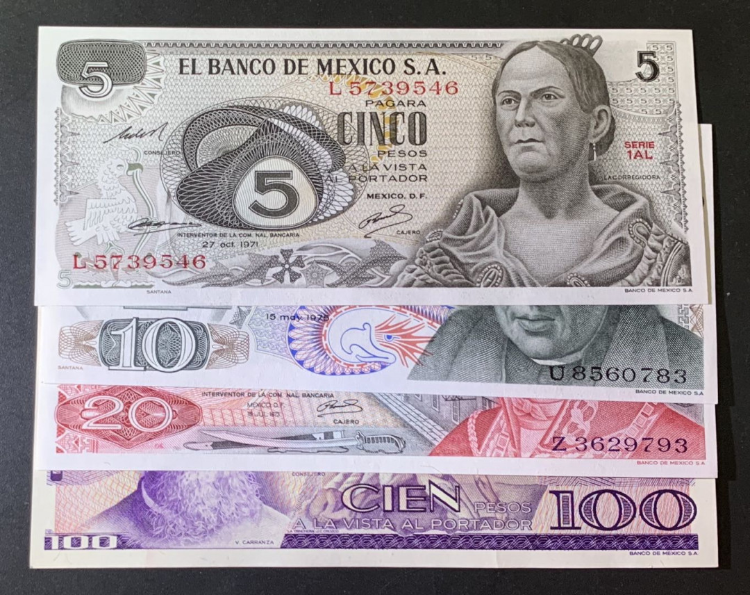 紫瑗钱币—微拍第69期 —纸币场 墨西哥 70—80年代  5 10 20 100比索 4枚一套 UNC