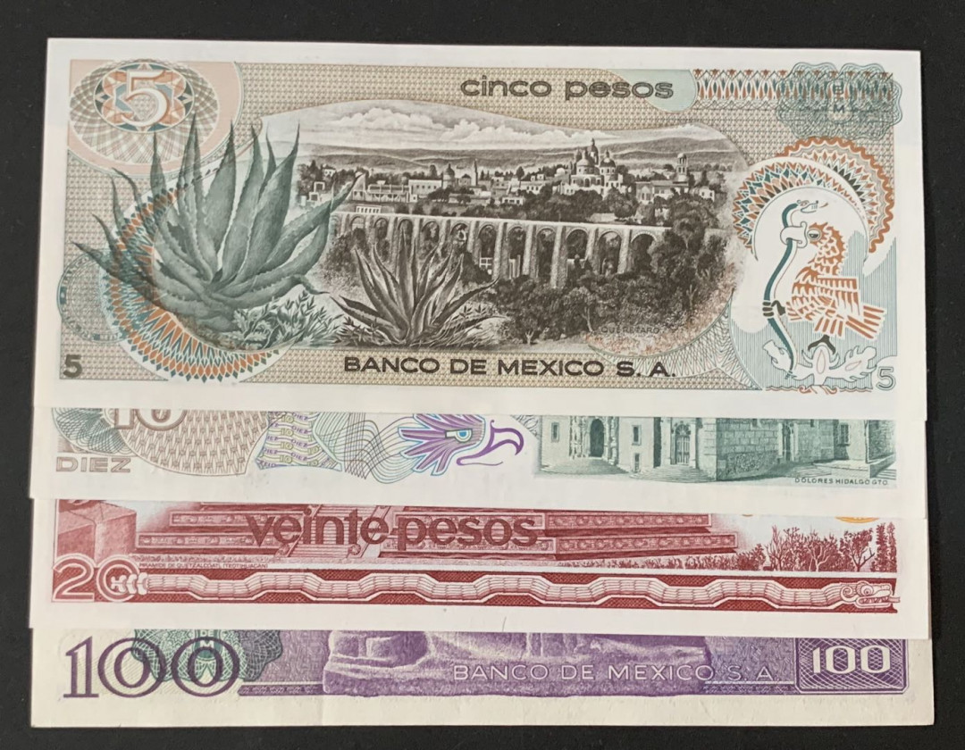 紫瑗钱币—微拍第69期 —纸币场 墨西哥 70—80年代  5 10 20 100比索 4枚一套 UNC