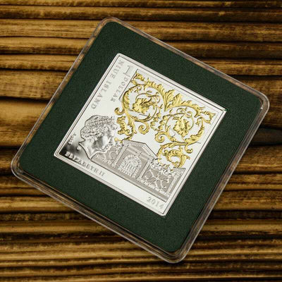 【随心拍&GetCoins】现代钱币拍卖第五十三期 纽埃2014年1新西兰元，文艺复兴大师艺术系列 拉斐尔 超级名画“面纱美女《弗娜丽娜》”异形(方形)双面镶(镀)24K金 数字亮光彩色精制银币