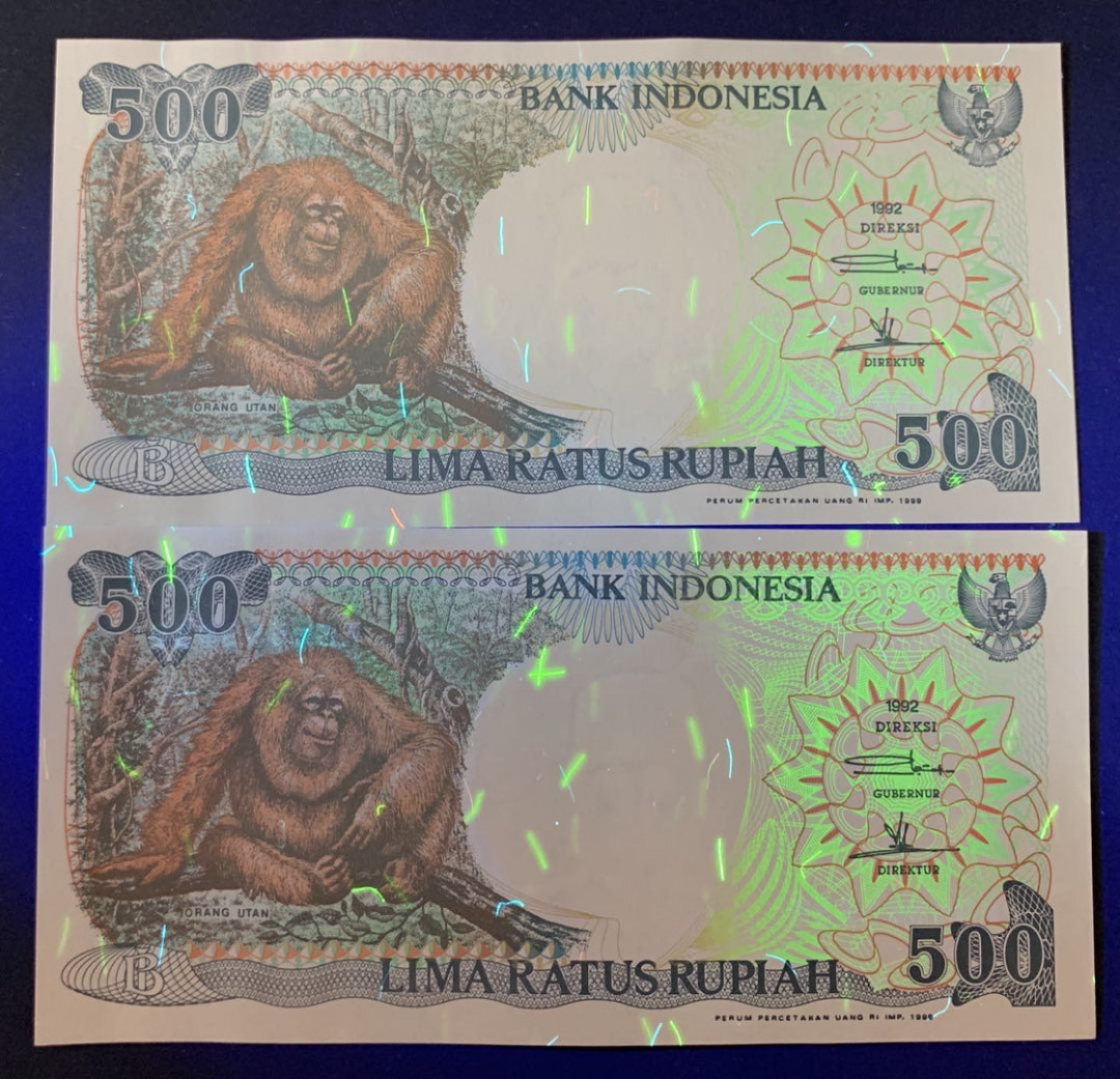 紫瑗钱币—微拍第69期 —纸币场 印度尼西亚 1992年 印度尼西亚银行 大猩猩 500卢比 2枚一组 UNC 