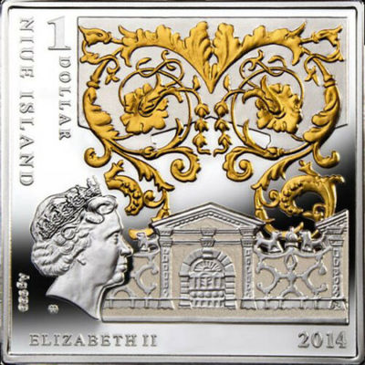 【随心拍&GetCoins】现代钱币拍卖第五十三期 纽埃2014年1新西兰元，文艺复兴大师艺术系列 拉斐尔 超级名画“面纱美女《弗娜丽娜》”异形(方形)双面镶(镀)24K金 数字亮光彩色精制银币