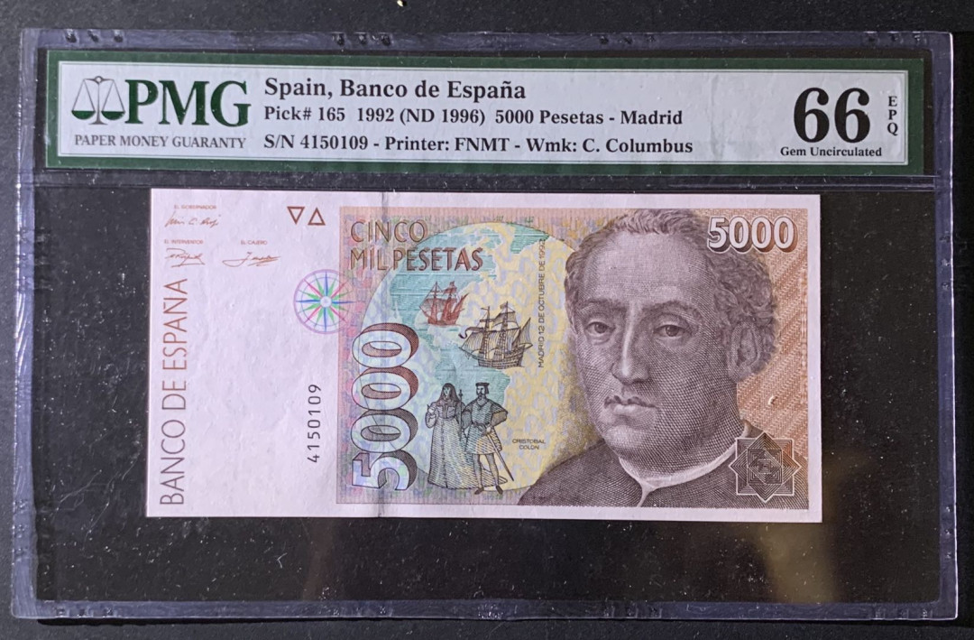 紫瑗钱币—微拍第69期 —纸币场 西班牙 1992（1996）年  5000比塞塔  PMG 66 EPQ （P-165）