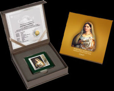 【随心拍&GetCoins】现代钱币拍卖第五十三期 纽埃2014年1新西兰元，文艺复兴大师艺术系列 拉斐尔 超级名画“面纱美女《弗娜丽娜》”异形(方形)双面镶(镀)24K金 数字亮光彩色精制银币