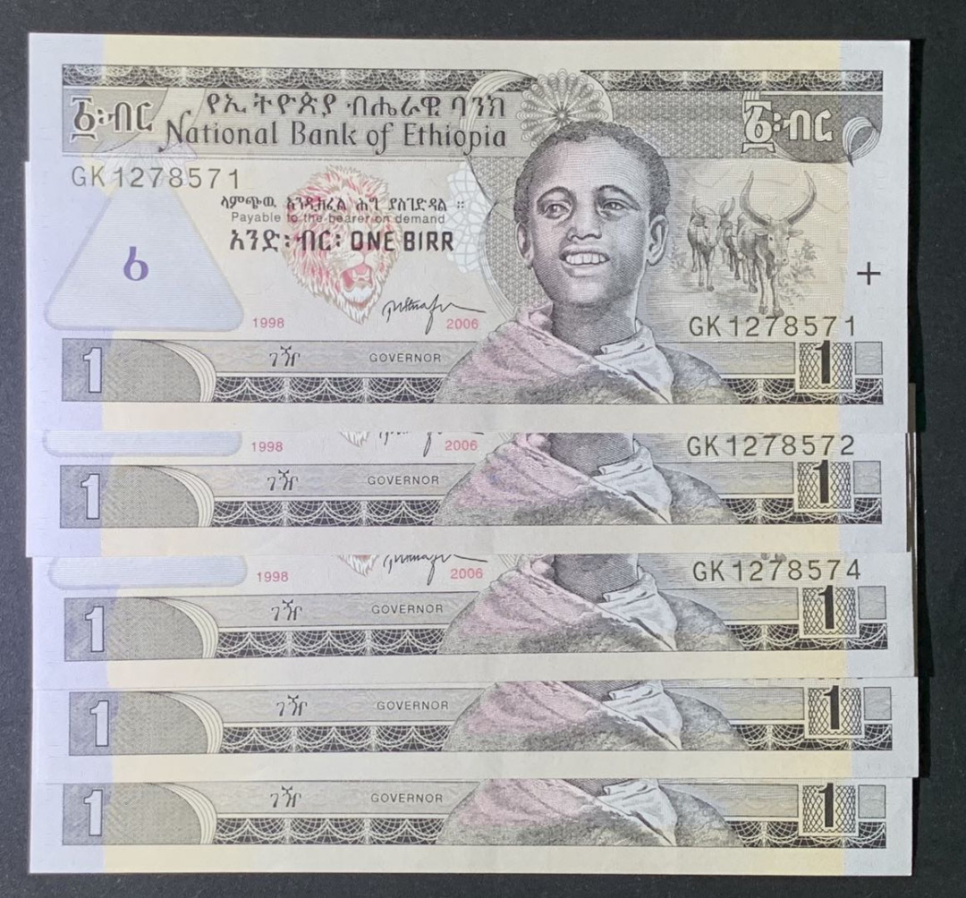紫瑗钱币—微拍第69期 —纸币场 埃塞俄比亚 1998年 1比尔 5枚一组 UNC  P-46d