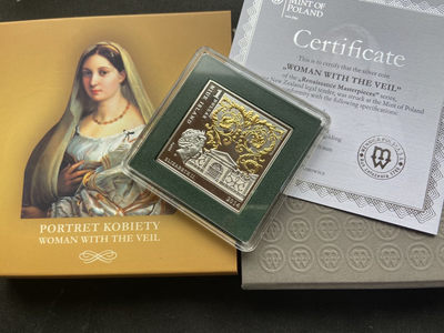 【随心拍&GetCoins】现代钱币拍卖第五十三期 纽埃2014年1新西兰元，文艺复兴大师艺术系列 拉斐尔 超级名画“面纱美女《弗娜丽娜》”异形(方形)双面镶(镀)24K金 数字亮光彩色精制银币