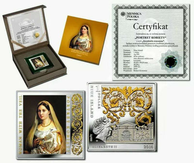 【随心拍&GetCoins】现代钱币拍卖第五十三期 纽埃2014年1新西兰元，文艺复兴大师艺术系列 拉斐尔 超级名画“面纱美女《弗娜丽娜》”异形(方形)双面镶(镀)24K金 数字亮光彩色精制银币