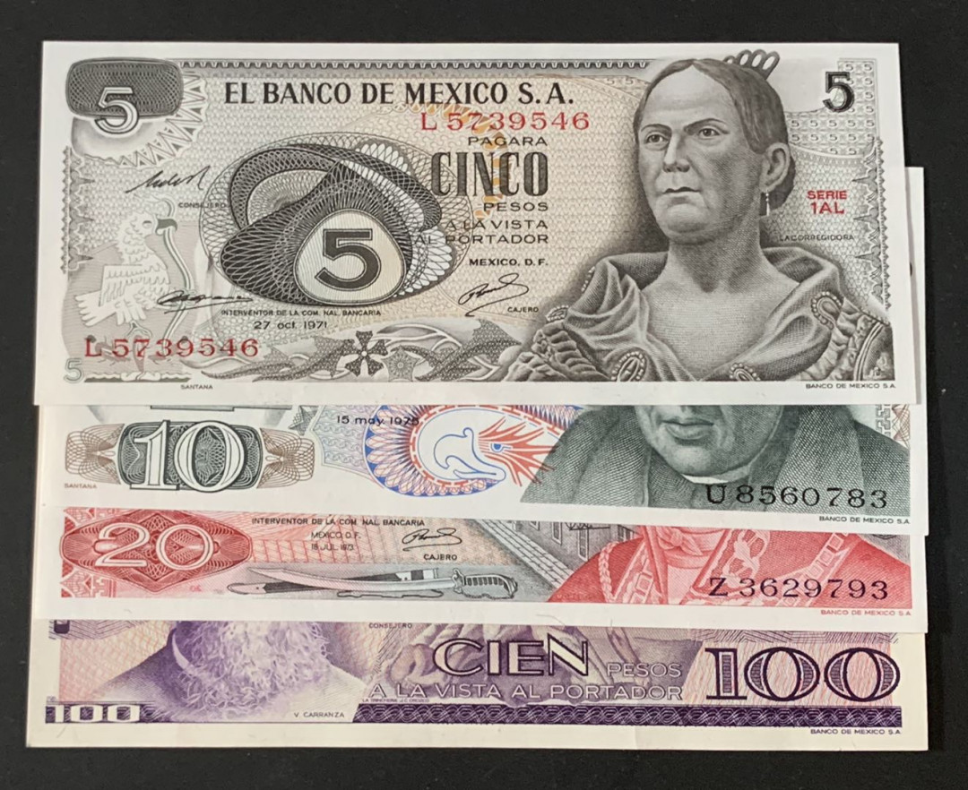 紫瑗钱币—微拍第69期 —纸币场 墨西哥 70—80年代  5 10 20 100比索 4枚一套 UNC