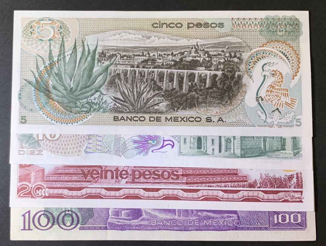 紫瑗钱币—微拍第69期 —纸币场 墨西哥 70—80年代  5 10 20 100比索 4枚一套 UNC