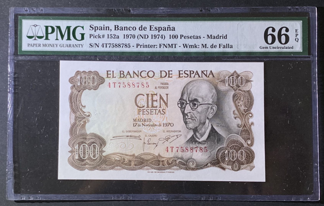 紫瑗钱币—微拍第69期 —纸币场 西班牙 1970（1971）年 100比塞塔 PMG 66 EPQ
