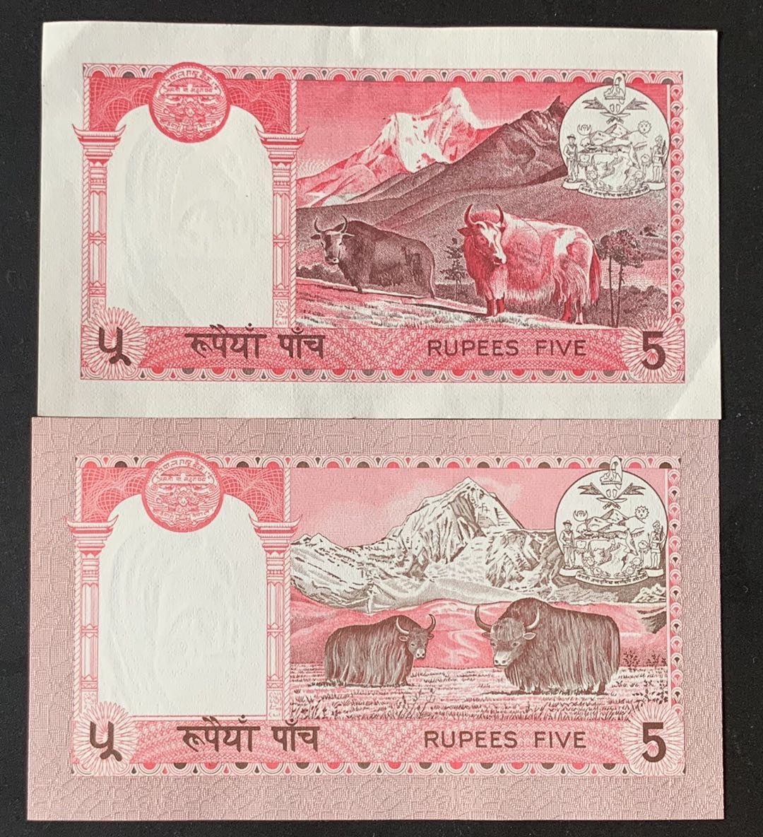 紫瑗钱币—微拍第69期 —纸币场 尼泊尔 1974 1981年 早期 5卢布 2枚一组 UNC P-23a P-30b