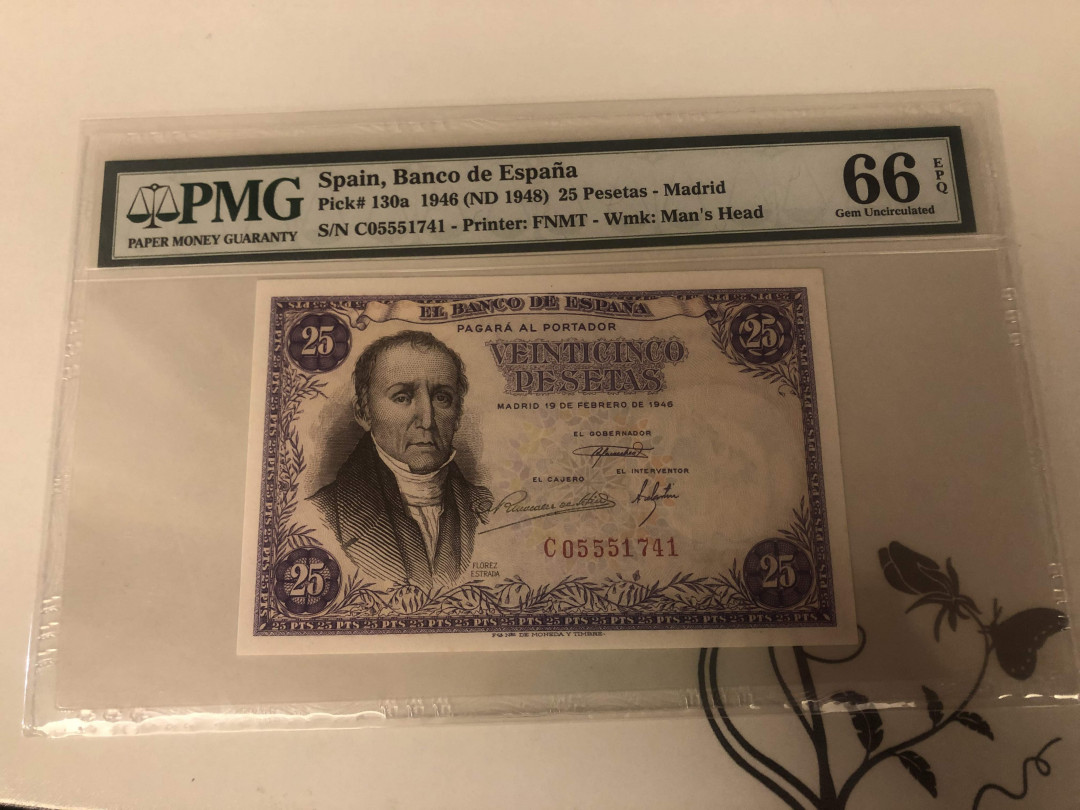 【收藏联盟】第142期拍卖——地中海心脏（共50拍） 西班牙 1946年 25比塞塔 PMG66EPQ 