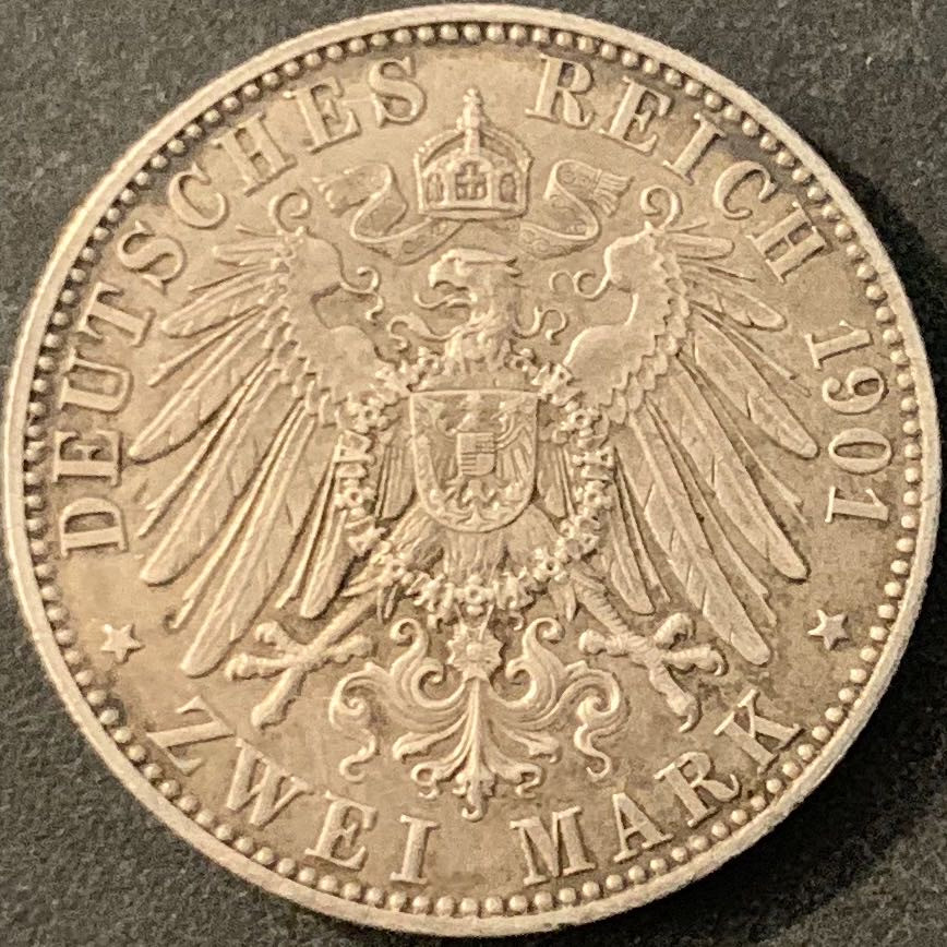 紫瑗钱币—微拍第70期  德国 普鲁士 1901年 建国200周年 2马克 11.11克 0.9银