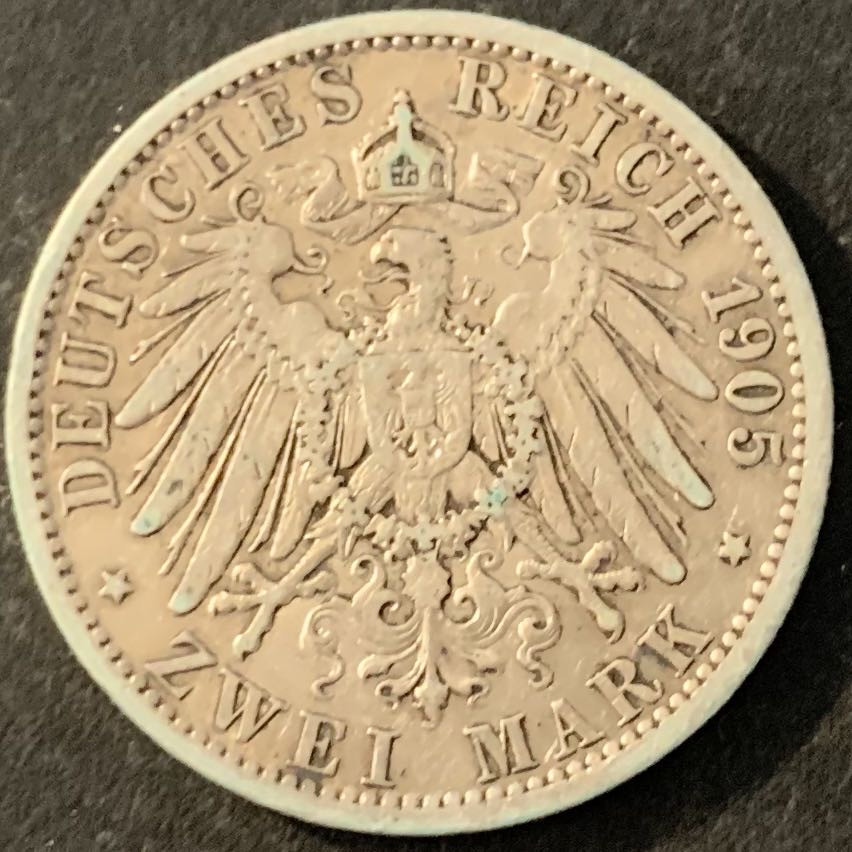 紫瑗钱币—微拍第70期  德国 普鲁士 1905年 威廉二世 2马克 11.11克 0.9银