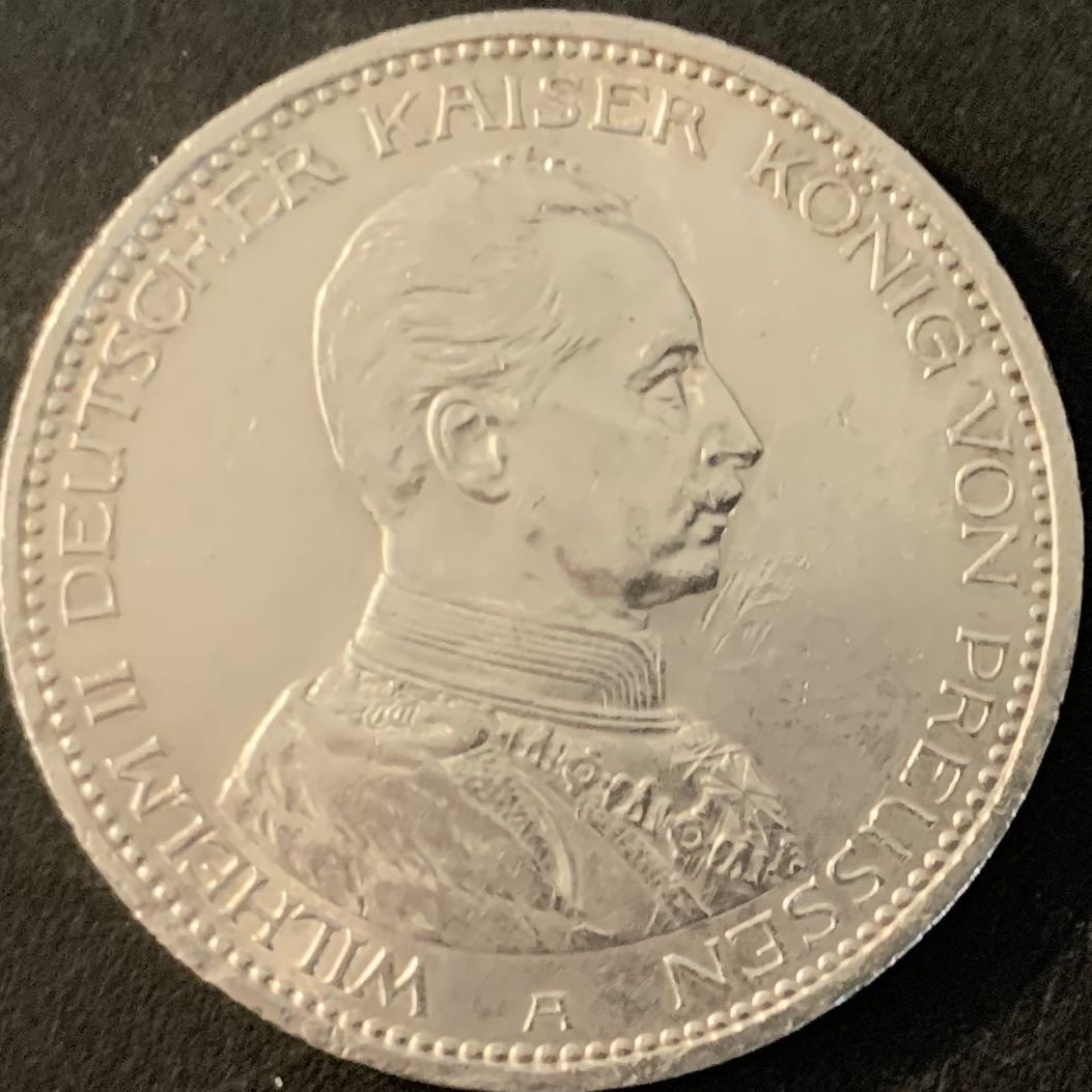紫瑗钱币—微拍第70期  德国 普鲁士 1914年 威廉二世  军装 5马克 27.77克 0.9银 